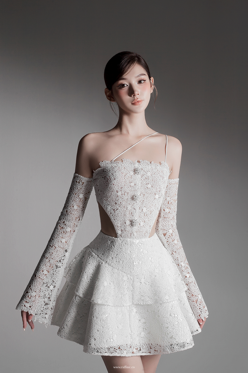 layered lace mini dress Women's Meria Layered Cuff Sleeved Lace Mini Dress S/M/L Black/White MEAN BLVD M / White