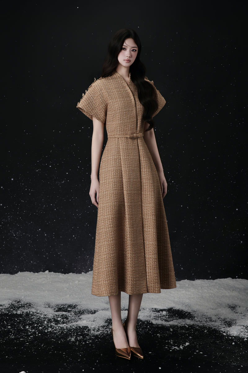 ELLE BUTTERFLY SHOULDER WRAP MIDI DRESS